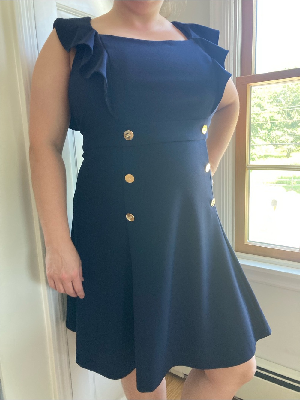 DKNY Navy Mini Fit-and-Flare Dress with Silver Buttons and Ruffle Shoulders